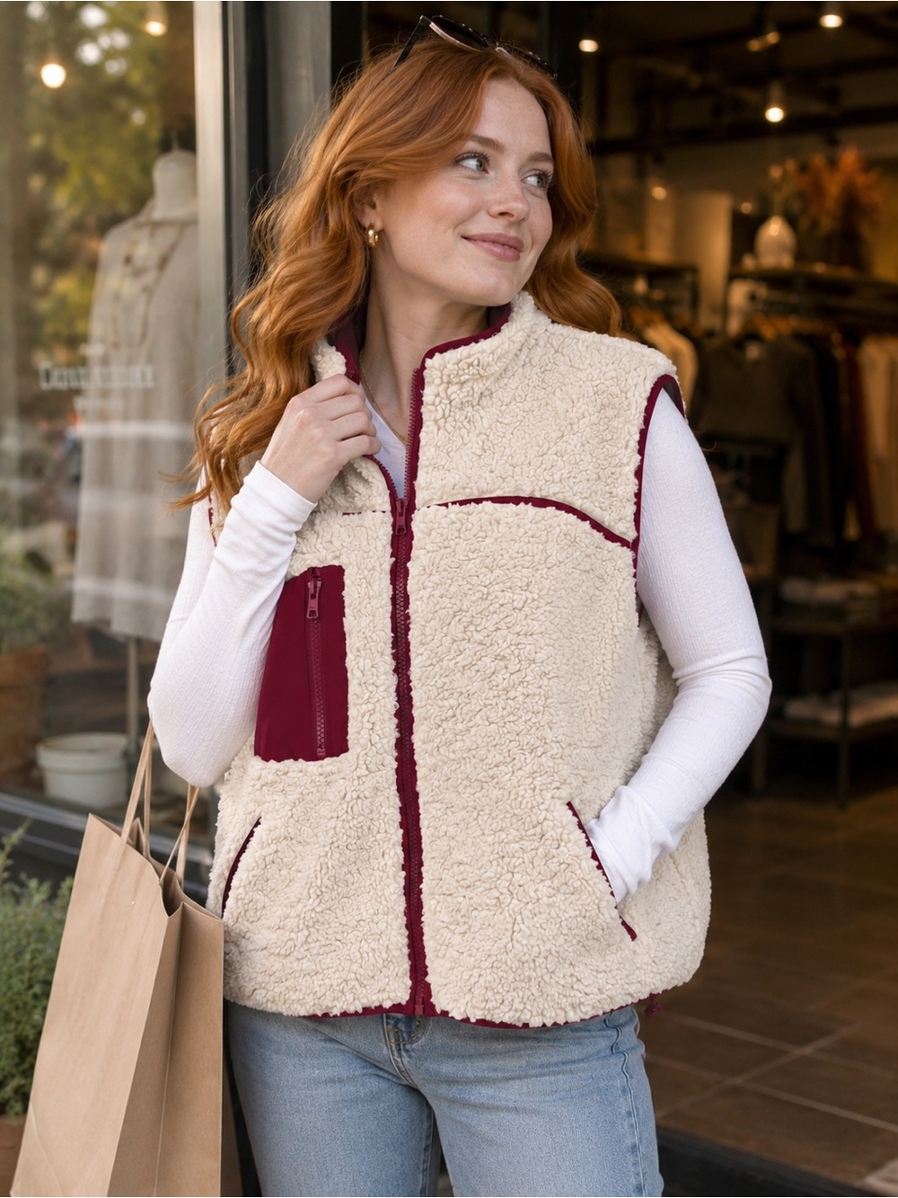 Princess Polly Senna Sherling Fleece Vest Jacket Cream Red Contrast Size 10